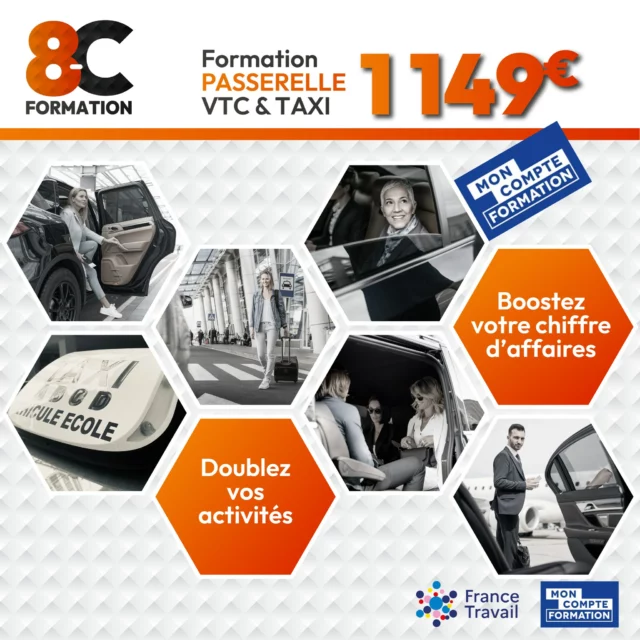 🚖 TAXI ou VTC ? Et pourquoi pas les deux ! 🚘

🎯 Il est temps de booster votre carrière avec nos formations passerelles exclusives pour diversifier vos services et BOOSTEZ vos revenus !

Vous êtes chauffeur privé et souhaitez élargir vos possibilités professionnelles en devenant également chauffeur de VTC & Taxi ? Les formations passerelles vous permettent d'obtenir la carte manquante très rapidement, sans avoir à repasser un examen complet !

💡 Attention : Vous avez 3 ans après l'obtention de votre carte pour suivre cette passerelle. Au-delà, vous devrez tout repasser !

Ne laissez pas cette opportunité passer et ajoutez une nouvelle compétence pour maximiser vos revenus et diversifier vos trajets.

✅ Devenez chauffeur VTC & Taxi et cumulez les avantages des deux statuts :
🔹 Plus d'opportunités de courses
🔹 Flexibilité maximale
🔹 Meilleure rentabilité
🔹 Accès aux grandes plateformes comme Uber, Bolt, Heetch, FreeNow…
🔹 Développement de votre clientèle privée
🔹 Valorisation de votre société en cas de revente

💼 Multipliez vos revenus et élargissez vos zones d’activité !

🎯 Offre spéciale : Formation PASSERELLE à 1 149€ seulement !
💰 100% finançable avec votre CPF

📅 Prochaines sessions sur formation8-c.fr.
🎓 Formation certifiée, rapide et efficace.

📲 Ne laissez pas passer cette chance : devenez un chauffeur complet et prenez une longueur d’avance sur le marché !

👉 Infos & inscription : 04 97 23 35 65

#FormationTaxi #FormationVTC #PasserelleTaxiVTC #ChauffeurPrivé #CPF #Reconversion #Opportunité #8CFormation #DoubleCasquette #MobilitéProfessionnelle #Uber #Heetch #ChauffeurIndépendant