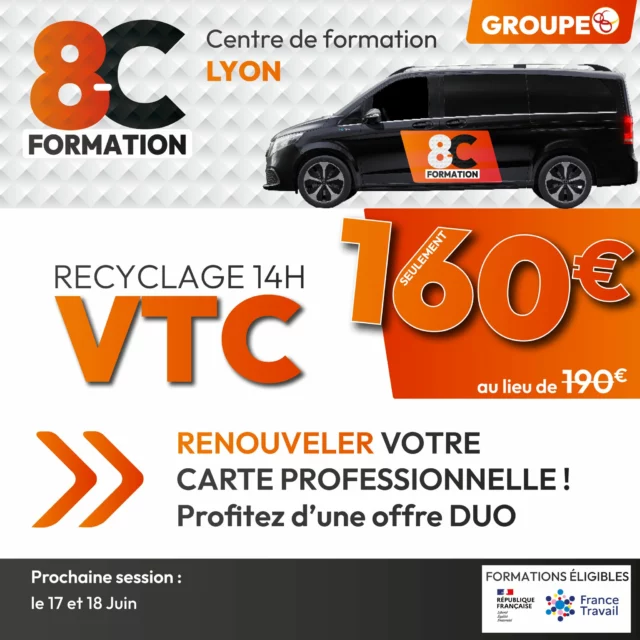 🚗 Recyclage VTC avec Formation 8-C – Renouvelez votre carte et boostez vos compétences !

Vous êtes chauffeur VTC ? Votre carte professionnelle est valable 5 ans. Pour continuer à exercer légalement, vous devez effectuer une formation de recyclage VTC (14h), aussi appelée formation continue obligatoire.

👉 Chez Formation 8-C, nous vous proposons une session complète, efficace et enrichissante pour remplir cette obligation tout en montant en compétence.

Pourquoi effectuer votre recyclage VTC ?
✅ C’est obligatoire : Sans recyclage, pas de renouvellement de carte = activité interrompue.
✅ Restez à jour : Nouvelles réglementations, sécurité, relation client, gestion d’activité…
✅ Valorisez votre profil : Professionnalisme renforcé = meilleure image auprès de vos clients.
✅ Anticipez votre avenir : Un service de qualité, c’est une clientèle fidélisée !

Ce que vous offre Formation 8-C :
🏫 Des centres agréés partout en France
👨‍🏫 Des formateurs experts, pédagogues et proches du terrain
⏱ Une formation de 14h sur 2 jours, dans une ambiance conviviale
📜 Une attestation officielle à remettre à votre préfecture
🤝 Des échanges entre professionnels du métier

📅 Prochaines sessions disponibles dans nos centres Formation 8-C et sur https://formation8-c.fr/

⚠️ N’attendez pas la dernière minute : sécurisez votre avenir professionnel dès maintenant avec une formation reconnue et certifiée.

Chez Formation 8-C, le recyclage VTC devient un véritable atout pour poursuivre et professionnaliser votre activité ! 💼✨

#VTC #RecyclageVTC #FormationContinueVTC #ChauffeurVTC #FormationProfessionnelle #CarteVTC #RenouvellementVTC #Formation8C #TransportDePersonnes #MobilitéUrbaine #ChauffeurPrivé #ObligationVTC #CPF #Qualiopi #CentreDeFormationVTC