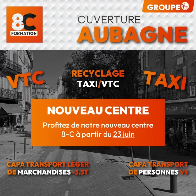 🎉 NOUVEAU ! Notre centre de formation ouvre à AUBAGNE ! 🚀

Vous êtes en reconversion, à la recherche d’un emploi ou vous souhaitez développer vos compétences dans un secteur porteur ?
Bienvenue chez Formation 8-C à Aubagne, votre nouvel allié pour réussir votre avenir professionnel ! 🔑

🎓 Nos formations disponibles :
🚖 VTC & Taxi – Démarrez une carrière indépendante et rentable dans le transport de personnes
🚐 TPMR – Devenez chauffeur spécialisé pour personnes à mobilité réduite, un métier humain et utile
📦 Capacitaire Transport de Marchandises & de Personnes – Lancez ou gérez votre propre société de transport
🆘 SST / Secourisme & Prévention – Obtenez des compétences clés pour intervenir en situation d’urgence
🔁 Stages de récupération de points – Restez maître de votre permis de conduire

💡 Pourquoi choisir Formation 8-C ?
✅ Formations certifiées Qualiopi*
✅ Financement CPF, France Travail, Transition Pro, AKTO, etc.
✅ Formateurs pros & pédagogues
✅ Insertion rapide dans la vie active
✅ Formation rapide et accessible sans diplôme

📍 Rejoignez-nous à Aubagne pour construire votre avenir, développer vos compétences ou vous réinventer professionnellement.

🚀 L’emploi et l’indépendance sont à portée de main !

📲 Contactez-nous dès aujourd’hui pour en savoir plus !
04 88 92 83 77 ou sur notre site formation8-c.fr

#OuvertureCentre #FormationAubagne #FormationTaxi #FormationVTC #TPMR #CapacitaireTransport #Secourisme #Groupe8C #ReconversionProfessionnelle #CPF #FranceTravail #avenirprofessionnel 

*La certification qualité a été délivrée au titre de la catégorie d’actions suivante : ACTIONS DE FORMATION