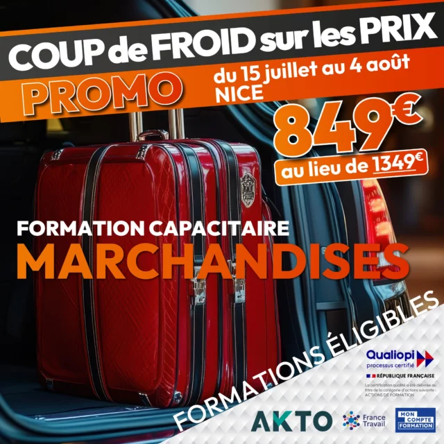 🚛 DEVENEZ CAPACITAIRE EN TRANSPORT DE MARCHANDISES À NICE – ST ISIDORE !
📍 Du 15 juillet au 4 août 2025

🎯 OFFRE EXCEPTIONNELLE : 849€ au lieu de 1349€
⏳ Attention : Il ne reste plus que 5 places !

Vous souhaitez créer votre entreprise de transport de biens légers (-3,5T) ou exercer en toute légalité dans ce secteur ?
👉 La capacité de transport est obligatoire pour transporter des marchandises ou objets appartenant à autrui contre rémunération – même une simple valise ou colis ! 

👉 Cette formation vous ouvre les portes de : 
✅ Gestion autonome d'une flotte de livraison légère
✅ Transport exclusif de marchandises ou bagages seuls
✅ Collaboration avec grands groupes logistiques, hôtels, conciergerie, etc.
✅ Création d'entreprise de livraison, idéal pour le marché du e-commerce en expansion

🚐 Qui est concerné ?
✅ VTC souhaitant diversifier leur activité
✅ Livreurs indépendants
✅ Chauffeurs effectuant du transport express ou dernière minute
✅ Transporteurs de meubles ou d’effets personnels
✅ Sociétés de déménagement léger
✅ Chauffeurs TPMR transportant les bagages des clients
✅ Entreprises proposant des prestations de conciergerie ou de logistique

👉 Ces formations sont des leviers puissants pour augmenter vos revenus, ouvrir de nouveaux marchés et améliorer la crédibilité de votre activité.

💼 Pourquoi choisir cette formation ?
✔ Formation hybride : théorie + pratique
✔ Création d’entreprise facilitée
✔ Certification officielle
✔ Finançable via CPF / France Travail
✔ Un métier en forte demande, en particulier dans les zones urbaines et touristiques

📲 Ne ratez pas cette opportunité de lancer (ou régulariser) votre activité !
🔗 Infos et inscription au 04 97 23 35 65 ou sur notre site formation8-c.fr.

#FormationTransport #CapacitéMarchandises #Nice #TransportLéger #CPF #FranceTravail #Livraison #Logistique #CréerSonEntreprise #ReconversionProfessionnelle #Formation8C